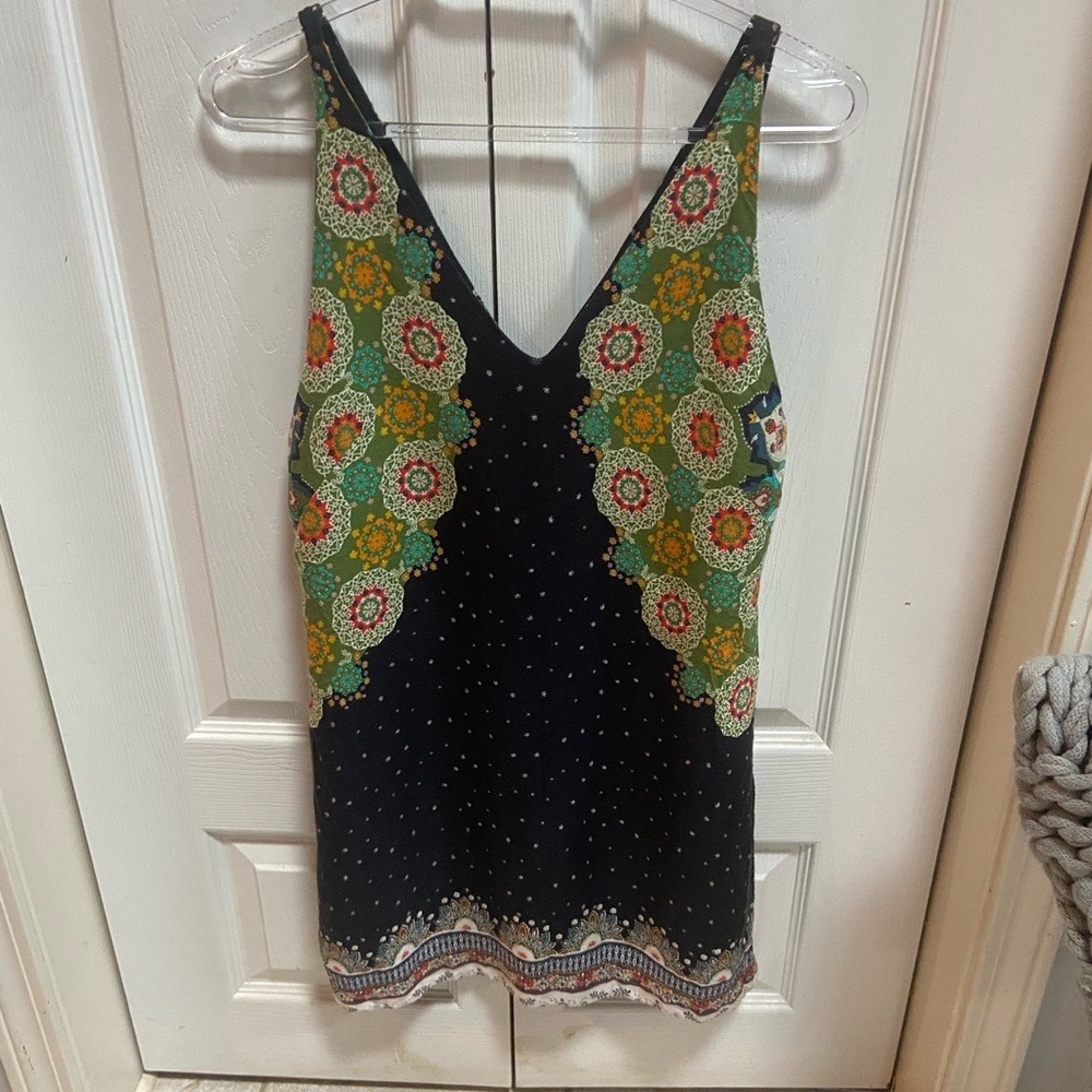 FARM Rio Black Floral-Panel V-Neck Mini Dress/Tunic